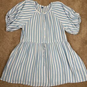 Old Navy Dress Womens XL Blue White Striped Gauze Tie Puff Sleeve Coastal Boho